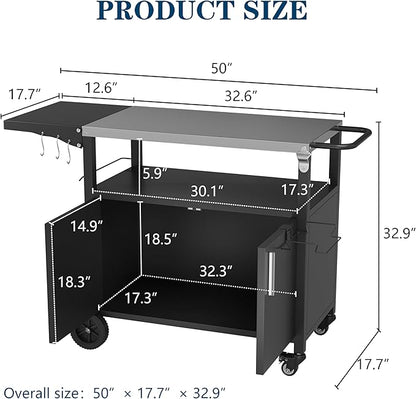 JY QAQA Outdoor Grill Cart with Storage,Patio Kitchen Island Outdoor Grill Table with Wheels,BBQ Cart Movable Pizza Oven Table Stand, Storage Cabinet, Foldable Tabletop, (Black)