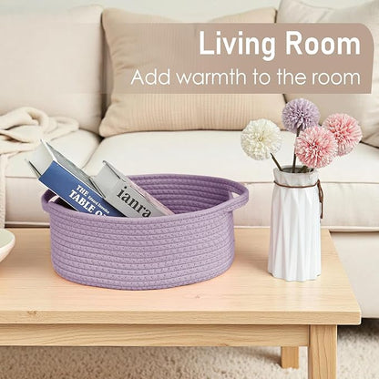 Woven Basket,Small Rope Storage Bin with Handles & Ribbon Bag, Organizer for Shelves Closets,Gift Basket Empty for Birthday,Books,Dog Toys, Purple/2 Pack