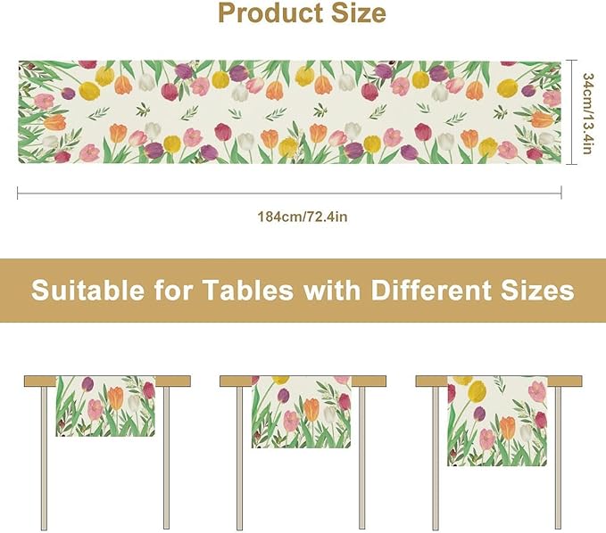 Tulips Spring Table Runner, Rustic Farmhouse Watercolor Botanical Colorful Tulips Olive Leaves Summer Garden Table Cover For Kitchen Dinning Table Indoor Outdoor Party Wedding Decor, 13x120inch