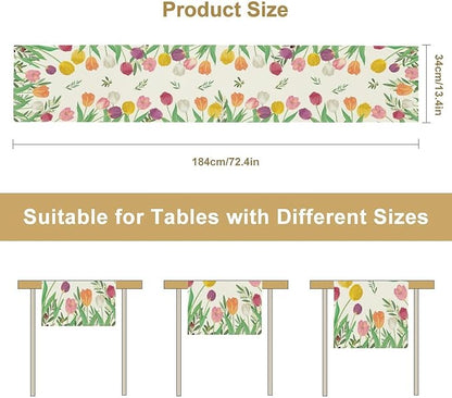 Tulips Spring Table Runner, Rustic Farmhouse Watercolor Botanical Colorful Tulips Olive Leaves Summer Garden Table Cover For Kitchen Dinning Table Indoor Outdoor Party Wedding Decor, 13x70inch