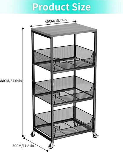 HapiRm Fruit Basket Kitchen Cart - 4-Tier Rolling Storage Cart with Wheels, Fruit Vegetable Basket with Wood Top, Pantry Utility Kitchen Organizer for Fruit Potato Onion Vegetable Bread Snack