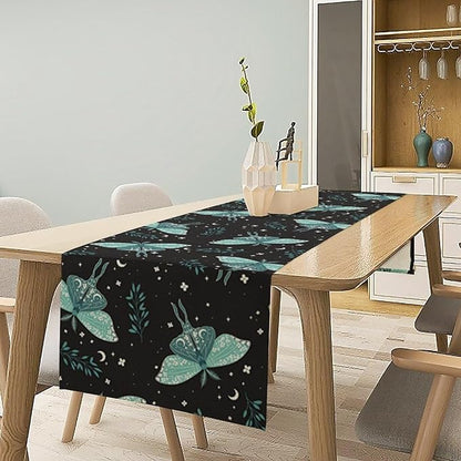 Butterfly Moth Table Runner, Boho Moon Green Leaves Plant Print Table Runner for Farmhouse Kitchen Dining Table Holiday Party Home Decor 13x70in