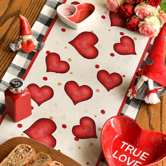Artoid Mode Watercolor Hearts Gnomes Love Table Runner, Seasonal Anniversary Wedding HoliKitchen Dining Table Decoration for Indoor Outdoor Home Decor 13x48 Inch