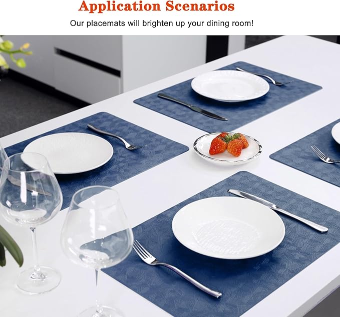 Vinyl Placemats Set of 12 Heat Resistant Easy Clean Non-Slip Place Mats for Dining Table. Faux Leather Waterproof Stain Resistant Wipeable Washable PU Table Mats(12, Blue)
