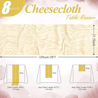 8 Packs Cheesecloth Table Runner 10FT Long Boho Gauze Fabric Table Runner Vintage Rustic Sheer Runners for Wedding Party Bridal Baby Shower Table Decorations (Ivory )