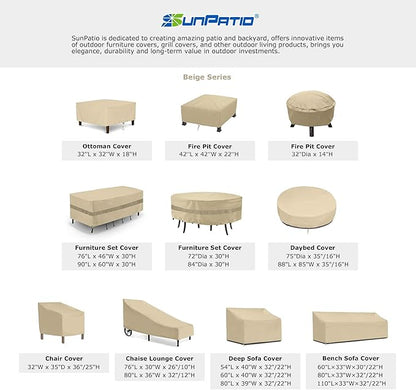 SunPatio Fire Pit Cover 32 Inch, Heavy Duty Waterproof Round Fire Bowl Cover, Small Furniture Ottoman Table Protector, All Weather Protection, Beige