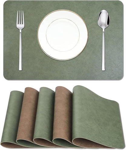 Cowhide Pattern Faux Leather Placemats Set of 6,Heat Resistant Non-Slip Waterproof Wipeable Washable Kitchen Dining PU Table Place Mats,Double-Sides Available,Green Brown