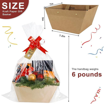 Bigger Baskets for Gifts Empty, 6 Pack Sturdy Kraft Basket With Handles Gift Basket Kit, 6 Shrink Wrap Bags, 6 Bows and Hang Tag, Empty Gift Baskets to Fill for Valentines Birthday Baby Shower