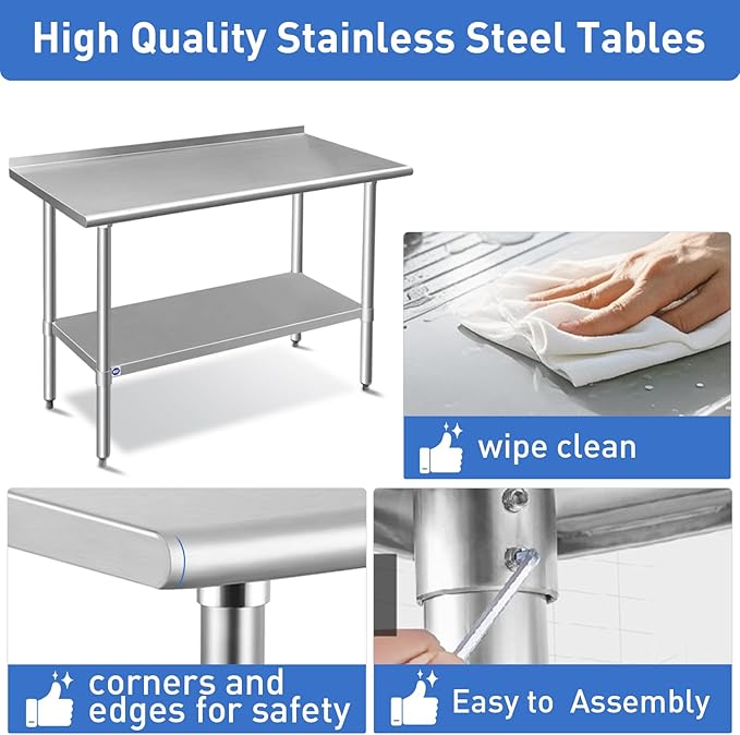 ROCKPOINT Stainless Steel Table for Prep & Work with Backsplash 24x24 Inches, NSF Metal Commercial Kitchen Heavy Duty Table with Adjustable Under Shelf and Table Foot for Restaurant, Home and Hotel