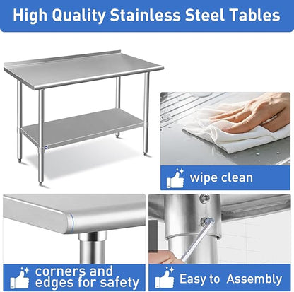 ROCKPOINT Stainless Steel Table for Prep & Work with Backsplash 30x60 Inches, NSF Metal Commercial Kitchen Heavy Duty Table with Adjustable Under Shelf and Table Foot for Restaurant, Home and Hotel