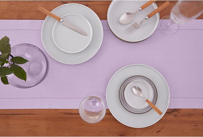 Solino Home Cotton Linen Table Runner 48 Inches - Lavender Ice Hemstitch Table Runner 14 x 48 Inch Ideal for Dresser and Coffee Tables - Valentines, Spring, Easter