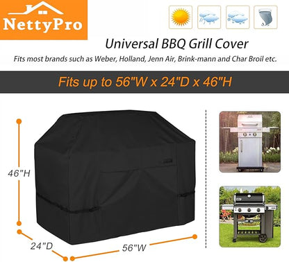 NettyPro Grill Cover Heavy Duty Waterproof 56 inch, Outdoor 2-3 Burners Gas BBQ Cover for Outside Weber, Char-Broil, Brinkmann, Nexgrill Barbecue, Black