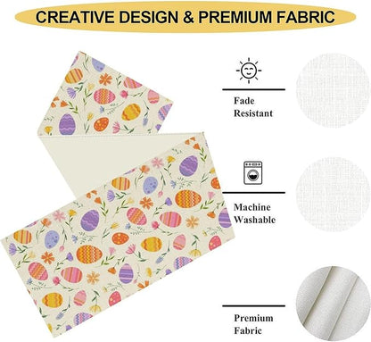Easter Egg Table Runner,Colorful Egg Pattern Flowers Spring Summer Seasonal Table Center Decor for Family Kitchen and Living Room Outdoor Farmhouse Party Table Decorations, 13"x90"
