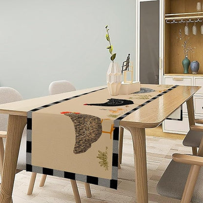 Farmhouse Roosters Chickens Table Runners, Black White Buffalo Plaid Vintage Rustic Animal Table Runner for Wedding Coffee Dining Table Party Home 13x36in