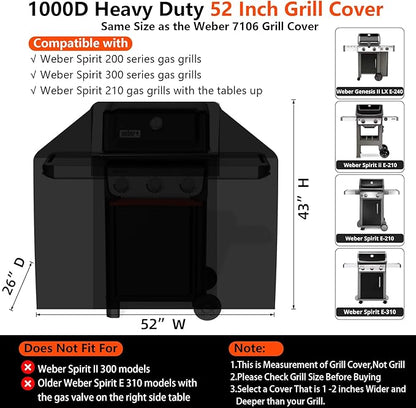 [Upgraded 1000D Heavy Duty Fabric] 52" Grill Cover for Weber Spirit 200 and 300 Series Outdoor Gas Grills, Super Waterproof BBQ Cover, Tear & Fade Resistant 7106 Grill Cover for Weber with Buckle
