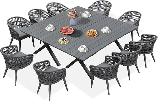 PURPLE LEAF 12 Pieces Outdoor Dining Set All-Weather PE Rattan Outdoor Patio Furniture Set with All Aluminum Frame Rectangular Table and Chairs Set for Lawn Garden Backyard Deck, Grey