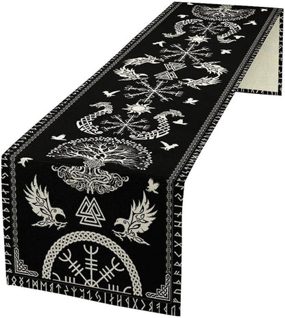 Viking Table Runner, Black Viking Tree of Life Raven Helmet of Awe Table Runner for Kitchen Dining Home Party 13x108in