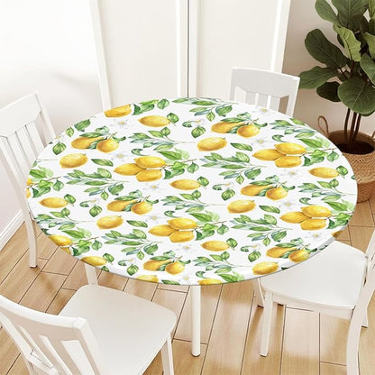 Lemon Round Fitted Tablecloth with Elastic Spring Summer Yellow Lemons Circle Table Cloth for 44-48" Round Tables Wipeable Waterproof Lemonade Party Farmhouse Table Cover for Picnic Dining Outdoor