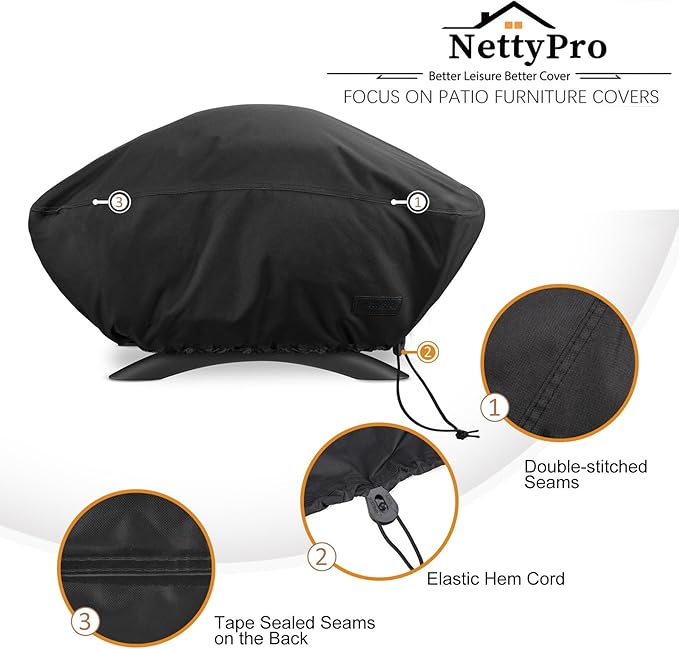 NettyPro Grill Cover for Small Q Series Grills, Waterproof Heavy Duty UV Resistant Portable Grill Cover for Q 2400 Series and Baby Q Gas Grill, Black