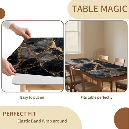 Rectangle Table Cloth Cover Waterproof Elastic Fitted Polyester Fitted Tablecloths for 6 Foot Tables for Indoor,Picnic, Camping, Outdoor （60" x 30"，Black Marble）