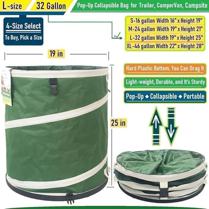 32-Gallon Collapsible Trash Can (19x25 in) Hard-Shell Bottom Leaf Bag,Yard Waste Bag,Garden Debris Container,Pop-Up Recycling Bin,RV Camping Waste Bin,Laundry Hamper,Lawn Grass Clippings,Weeds Basket