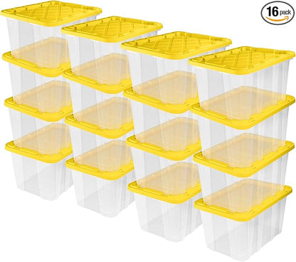 Sterilite 16-Pack Industrial Storage Box, Clear Plastic Organizer Bins with Handles, 27 Gallon, Yellow - Stackable Container Boxes for Bedroom, Bathroom, Garage, and Office Organization