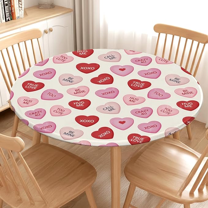 Valentines Day Round Fitted Tablecloth with Elastic Pink Red Love Hearts Circle Table Cloth for 36-40" Round Tables Wipeable Waterproof Valentines Decorative Table Cover for Picnic Dining Party Decor