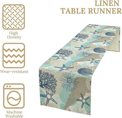 Marine Life Table Runner, Sea Underwater World Ocean Creature Table Runner for Dining Kitchen Party Holidays Home 13x108in