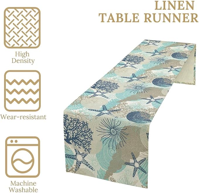 Marine Life Table Runner, Sea Underwater World Ocean Creature Table Runner for Dining Kitchen Party Holidays Home 13x60in
