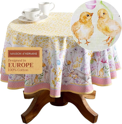 Maison d' Hermine Table Cloth Round Table 100% Cotton 69 Inches Tablecloth Reusable Decorative Everyday Use for Dining Room, Farmhouse, Home, Party, Festive & Wedding Spring Summer - Easter Zest