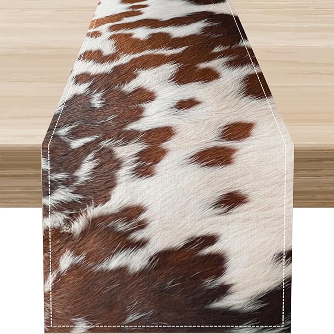 Cow Print Table Runner, Brown Cowhide Print Western Style Table Runner Country Farmhouse Cottage Cow Pattern Linen Table Decoration for Home Kitchen Dining 13x108