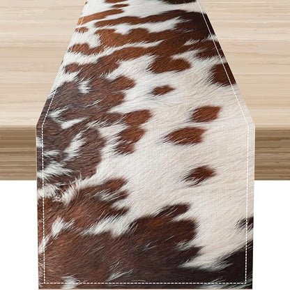Cow Print Table Runner, Brown Cowhide Print Western Style Table Runner Country Farmhouse Cottage Cow Pattern Linen Table Decoration for Home Kitchen Dining 13x36