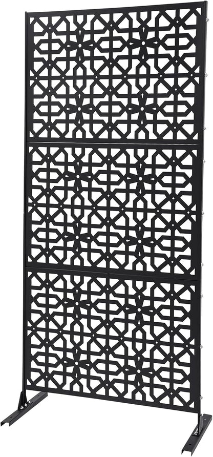 Outdoor Metal Privacy Screen with Stand, 35.4" W x 75" H Freestanding Metal Slatted Decorative Privacy Screen and Panels for Patio Garden Balcony Porch (Black Polygonal)