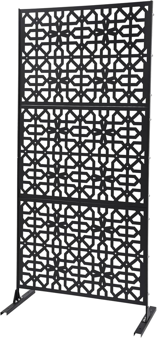 Outdoor Metal Privacy Screen with Stand, 35.4" W x 75" H Freestanding Metal Slatted Decorative Privacy Screen and Panels for Patio Garden Balcony Porch (Black Polygonal)