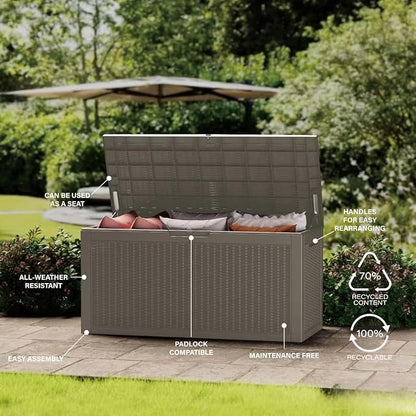 80 Gallon Resin Deck Box, Waterproof Outdoor Storage Box for Patio Furniture, Garden Tools, and Pool Accessories, Lockable UV-Resistant Storage Bin Bench Cabinet for Outside, Grey
