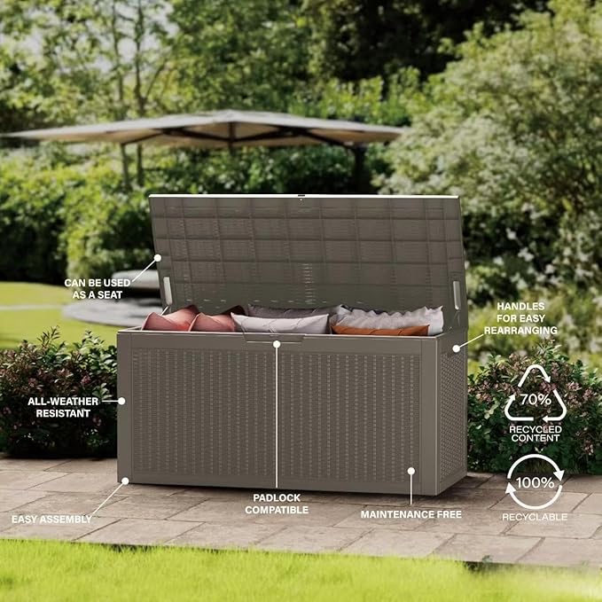 200 Gallon Resin Deck Box, Waterproof Outdoor Storage Box for Patio Furniture, Garden Tools, and Pool Accessories, Lockable UV-Resistant Storage Bin Bench Cabinet for Outside, Grey