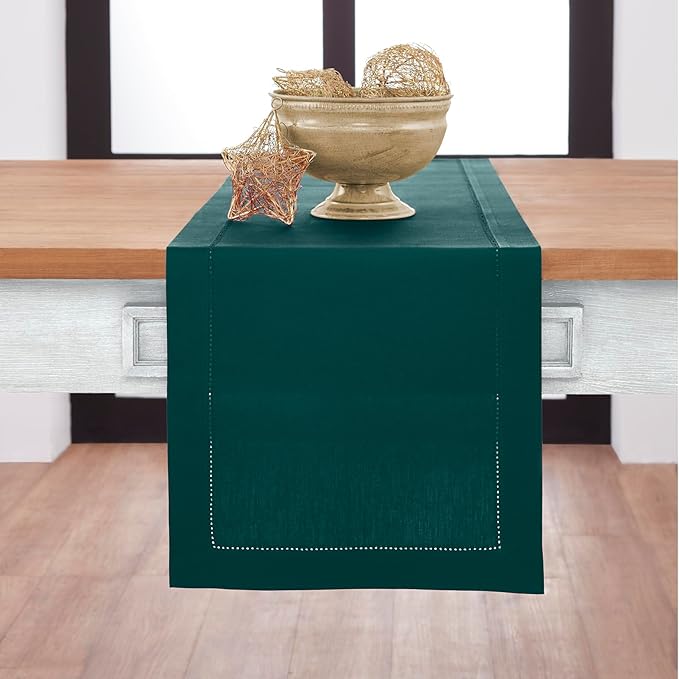 Solino Home Cotton Linen Dark Green Table Runner 108 Inches Long - Hemstitch 14 x 108 Inch Table Runner for Winter, St Patricks Day - Handcrafted and Machine Washable