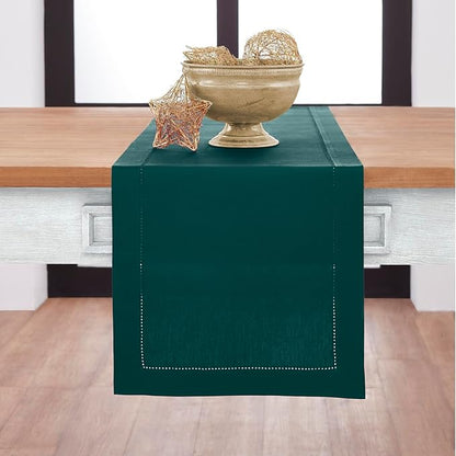Solino Home Cotton Linen Dark Green Table Runner 108 Inches Long - Hemstitch 14 x 108 Inch Table Runner for Winter, St Patricks Day - Handcrafted and Machine Washable