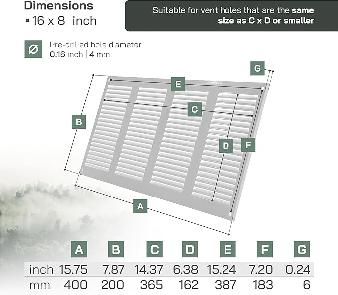 Vent Systems 16'' x 8'' Inch (Overall Dimensions) White Metal Air Vent Cover - Louvered Rectangular Return Grill with Built-in Protective Mesh Screen - HVAC Ventilation Grille for Home Improvement