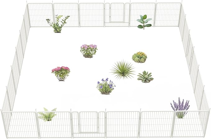 FXW Garden Fence Outdoor for The Yard – 32in(H) x 54.7ft(L) Heavy Duty Metal Animal Barrier for Dog and Rabbit, Decorative Dog Fence, 24 Panels, White