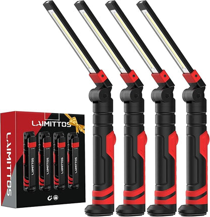 Rechargeable Work Light 2500mAh Magnetic LED Work Light Flashlight Mechanic Light Tool for Men Him, Foldable Lamp with Hook for Car Repair Emergency BBQ Grill (4 Pack)
