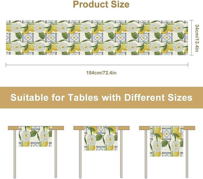 Tiles Lemon Table Runner, Watercolor Italian Tile Floral Plant Print Table Runner for Farmhouse Coffee Home Kitchen Dining Outdoor Party 13x70in