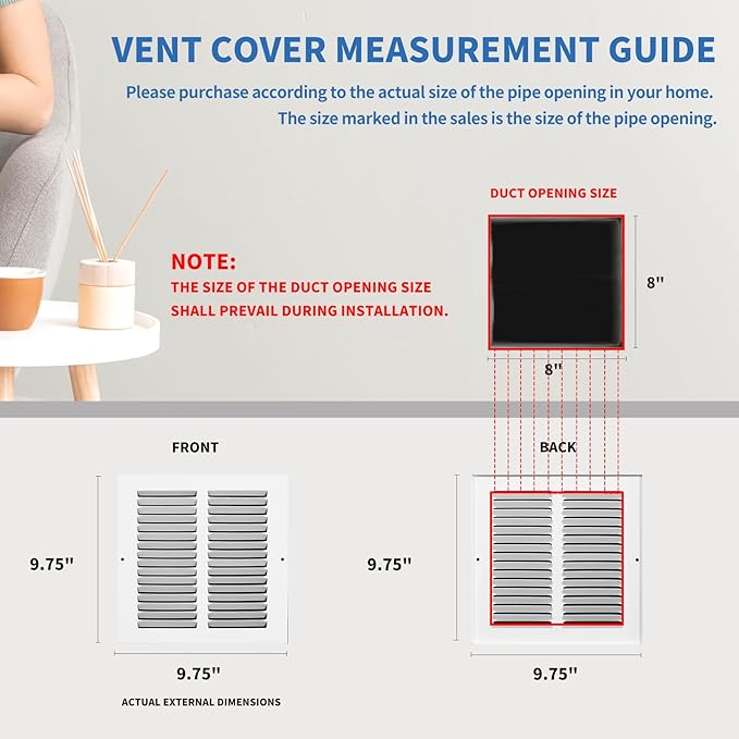 8x8 Vent Cover (Duct Opening Size), Air Return Vent Cover, AC Vent Cover, Cold Air Return Vent Cover, Flat Return Air Grilles, Outer Dimensions:9.75"W x 9.75"H (8"W x 8"H, Duct Opening)