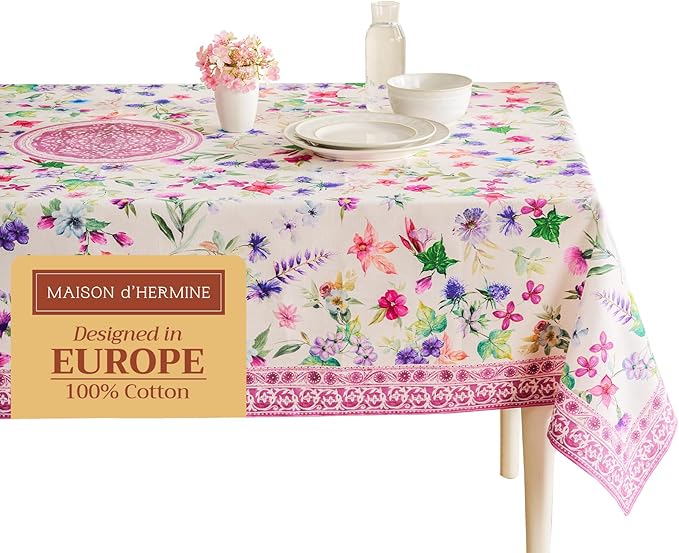 Maison d' Hermine Table Cloth Square Table 100% Cotton 60 x 60 Inches Tablecloth Reusable Decorative Everyday Use for Dining Room, Farmhouse, Home, Party, Festive & Wedding Spring Summer - Chardon