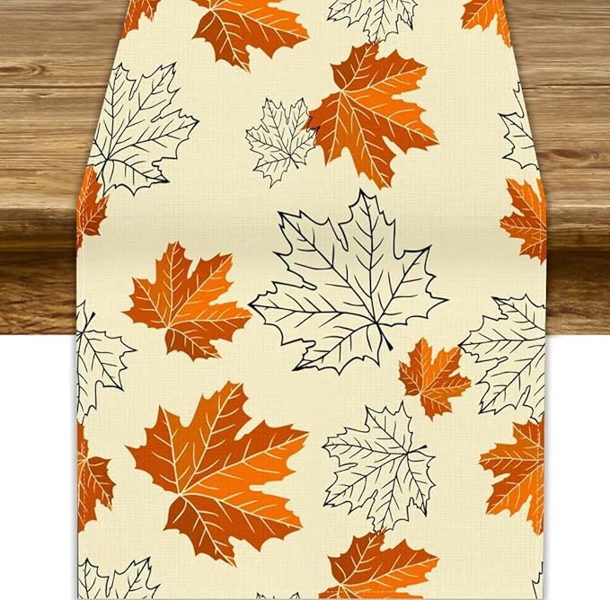 Fall Maple Leaves Table Runner, Rustic Vintage Autumn Orange Leaf Thanksgiving Farmhouse Kitchen Dinning Table for Indoor Outdoor Home Party, 13x108inch