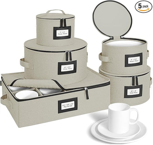 BALEINE China Storage Containers, Sturdy Quilted Wine Glass Storage, Plate Organizer with Carry Handles, Moving Boxes for Dishes, Cups, Mugs and Stemware (Plate Mug Combo, Hard Shell Cream)