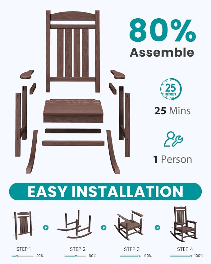SERWALL Outdoor Rocking Chair Set of 2, Patio Rocking Chair, Coffee | HDPE - Image 8