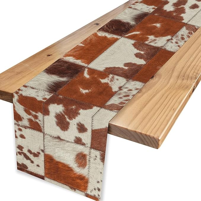 Cow Print Table Runner, Brown Cowhide Print Collage Fur Western Style Table Runner Country Farmhouse Cottage Cow Pattern Linen Table Decoration for Home Kitchen Dining 13x72