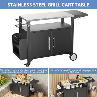 ROOMTEC Outdoor Grill Cart with Storage,Patio Kitchen Island with WheelsHooks and Spice Rack,Waterproof Outdoor Grill Table,Movable BBQ Serving Cart Rolling Bar Cart for Home Party Bar