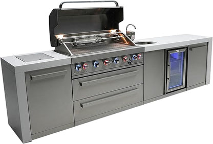 Mont Alpi MAi805-DBEV 6-Burner 115000 BTU 44-inch Deluxe Stainless Steel Island Outdoor Kitchen Gas Grill + Beverage Center Faucet and Sink + Granite Countertops + Storage Drawers and Cabinets